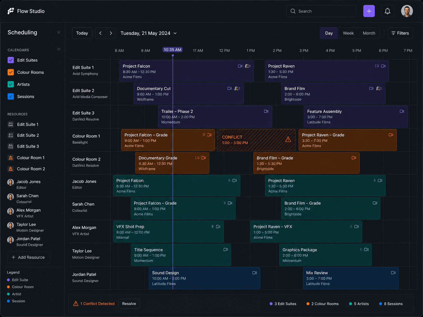 Studio scheduling calendar showing rooms, artists and bookings