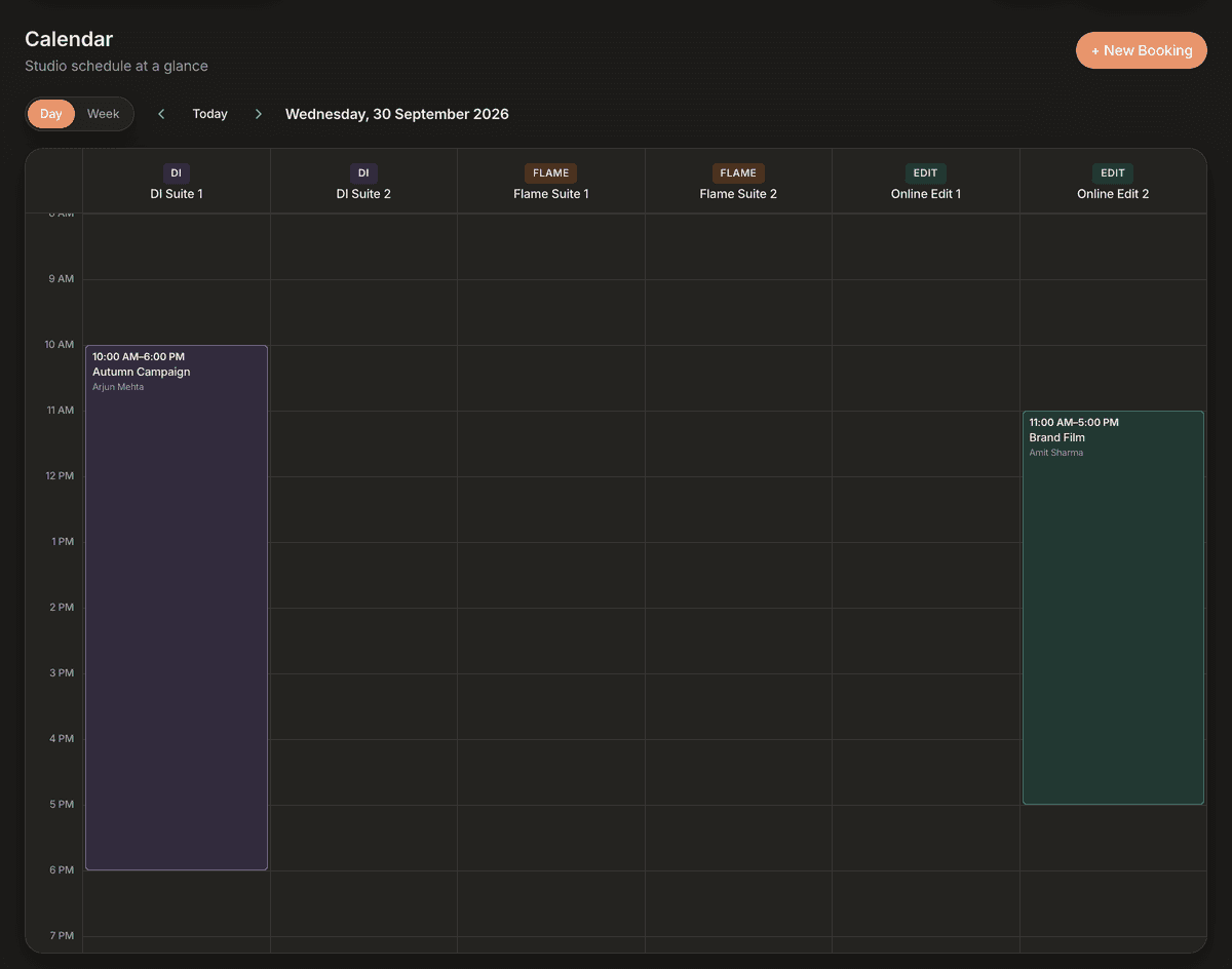 Organize day view: one column per room labelled by type (DI, Flame, Edit), with each booking showing its time range, project name and assigned artist