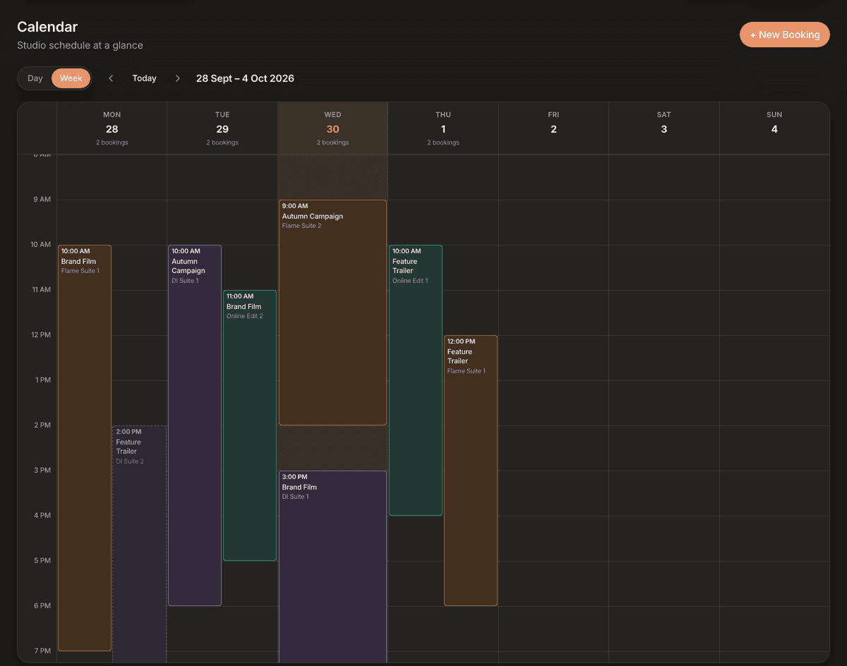 Organize week view: seven day columns with colour-coded bookings showing the project name and room, a booking count under each day, today highlighted, and a tentative booking drawn with a dashed outline
