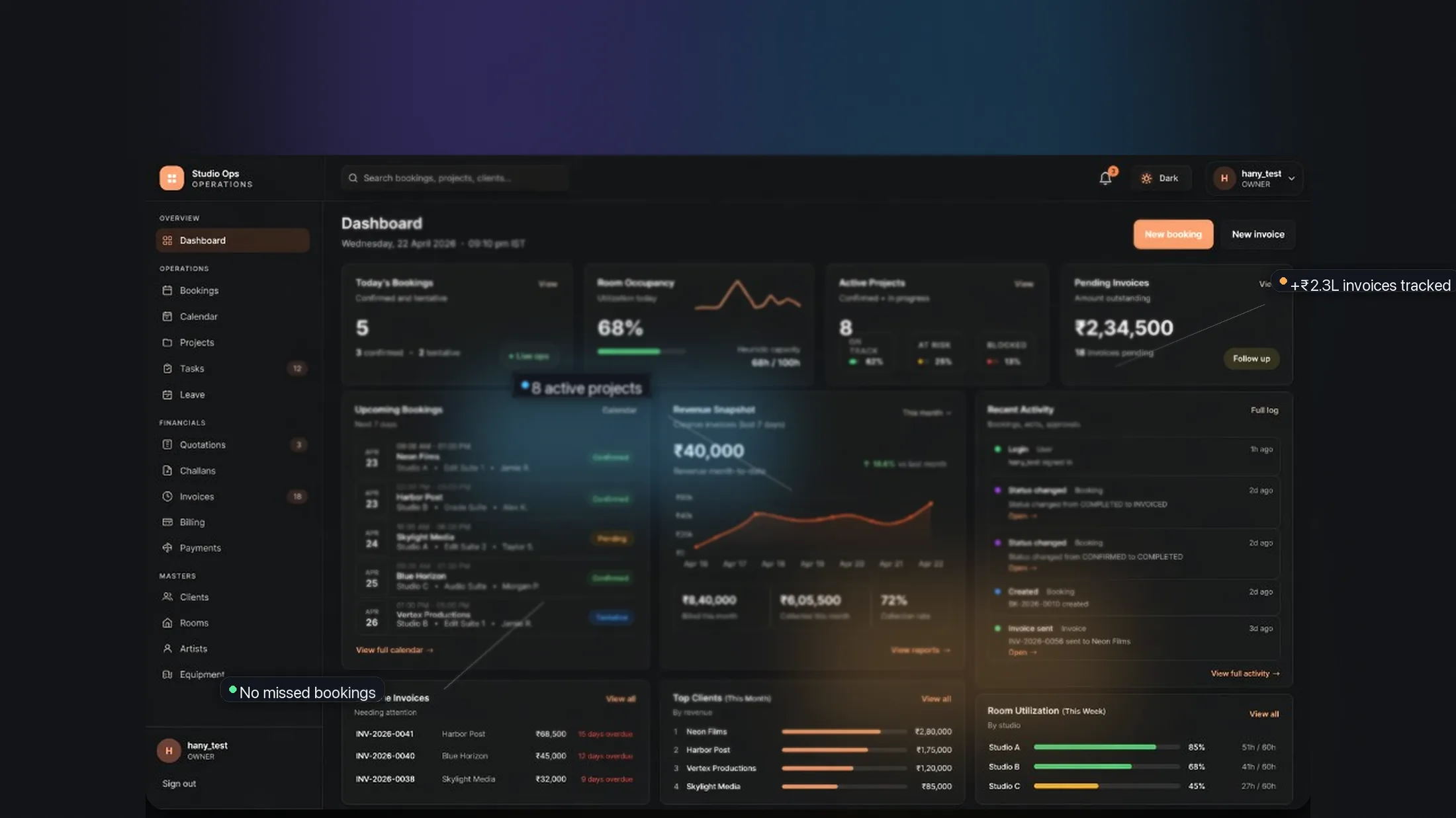 Post-production studio dashboard showing bookings, projects, and billing