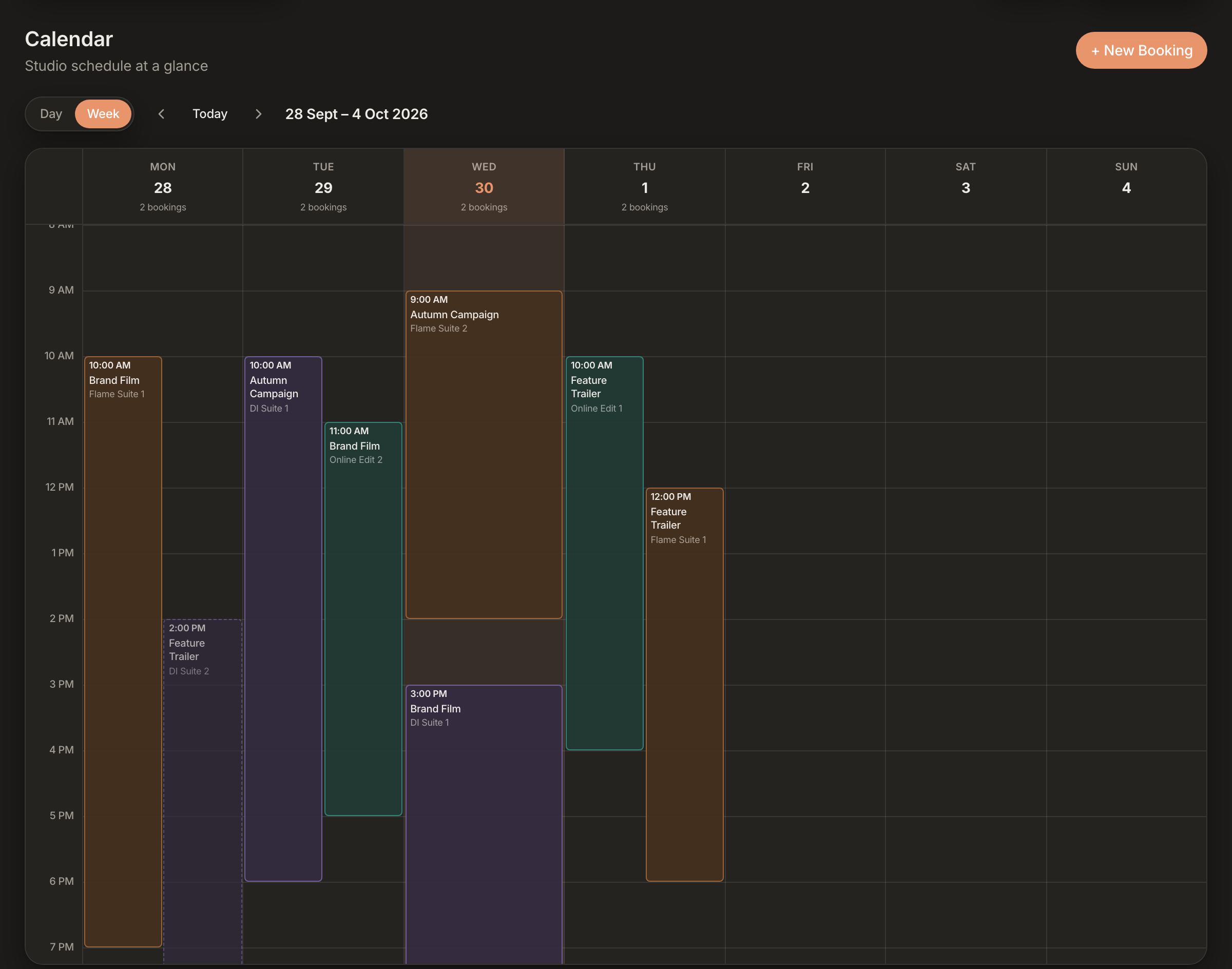 Organize post-production scheduling calendar in week view, showing colour-coded room bookings for each day